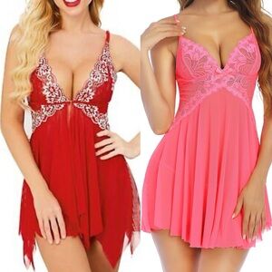Set of 2! Sexy Chemise Lace Trim Babydoll Nightie, Red & Hot Pink Size L